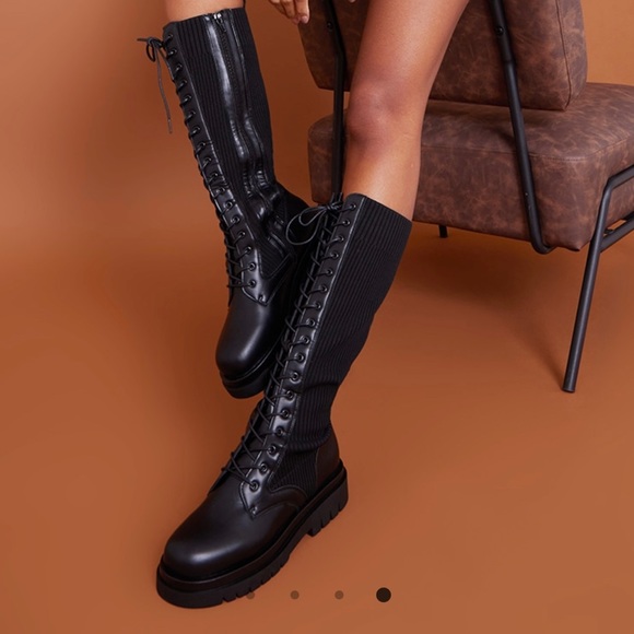 PrettyLittleThing Shoes - Black Pu Contrast Knitted Lace Up Knee Chunky Boots